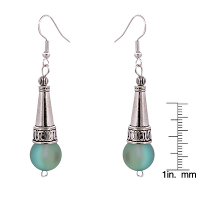 BeSheek Sterling Silver Green Tibetan Filigree Cone and Mermaid Glass Dangle Earrings