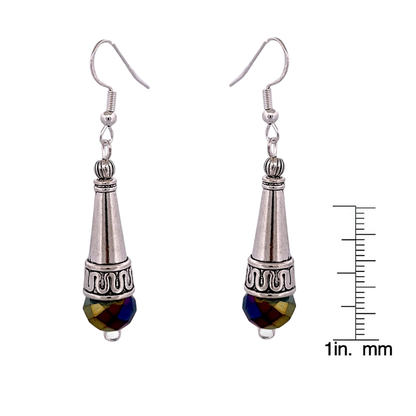 BeSheek Sterling Silver Rainbow Tibetan Filigree Cone and Crystal Glass Dangle Earrings