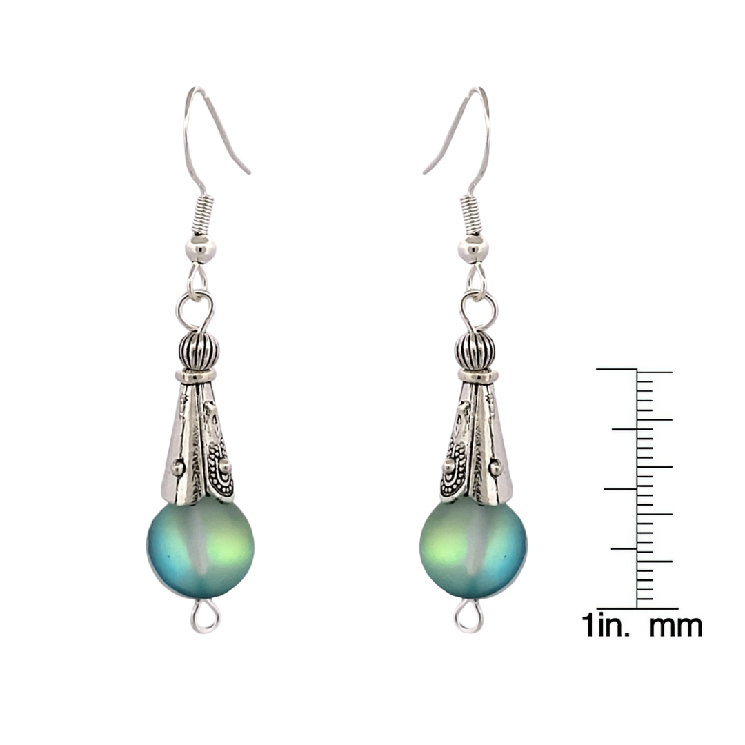 BeSheek Sterling Silver Green Mermaid Glass and Tibetan Cone Dangle Fish Hook Earrings