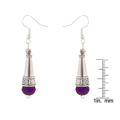 BeSheek Sterling Silver Purple Tibetan Filigree Cone and Crystal Glass Dangle Earrings