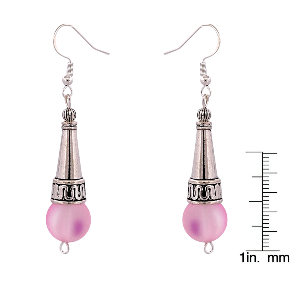 BeSheek Sterling Silver Bright Pink Tibetan Filigree Cone and Mermaid Glass Dangle Earrings