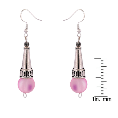 BeSheek Sterling Silver Bright Pink Tibetan Filigree Cone and Mermaid Glass Dangle Earrings