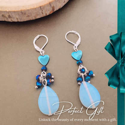 BeSheek Silvertone Mermaid glass, Moonstone and Blue Heart Hematite Leverback dangle Earrings