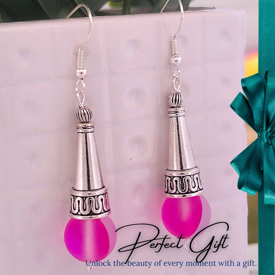 BeSheek Sterling Silver Fucsia Pink Tibetan Filigree Cone and Mermaid Glass Dangle Earrings