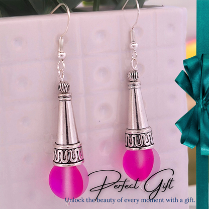 BeSheek Sterling Silver Fucsia Pink Tibetan Filigree Cone and Mermaid Glass Dangle Earrings