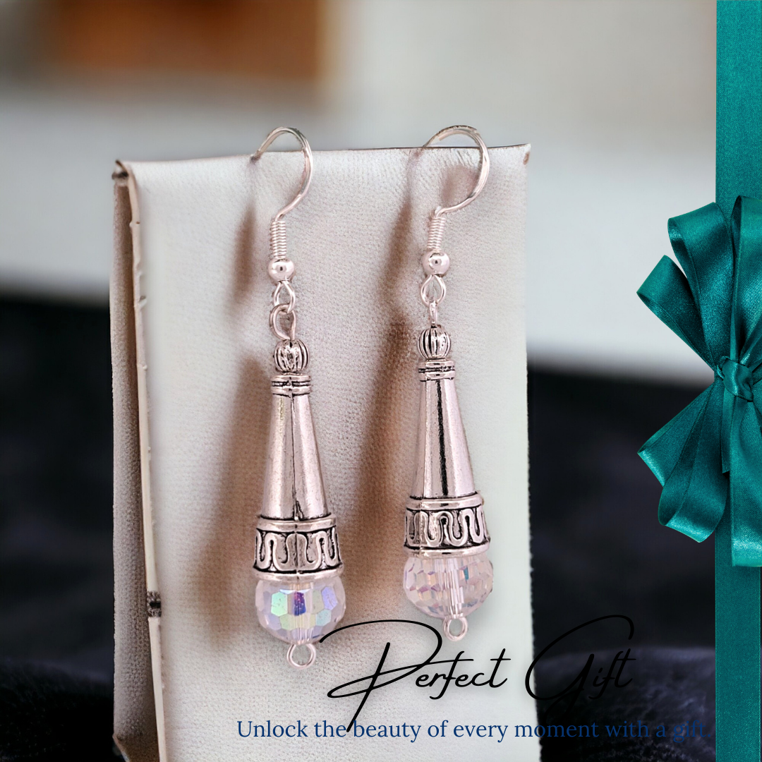 BeSheek Sterling Silver Clear AB Tibetan Filigree Cone and Crystal Glass Dangle Earrings
