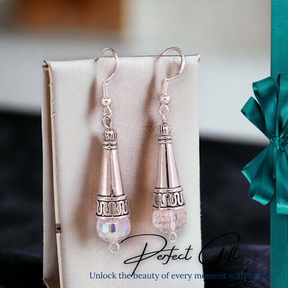 BeSheek Sterling Silver Clear AB Tibetan Filigree Cone and Crystal Glass Dangle Earrings
