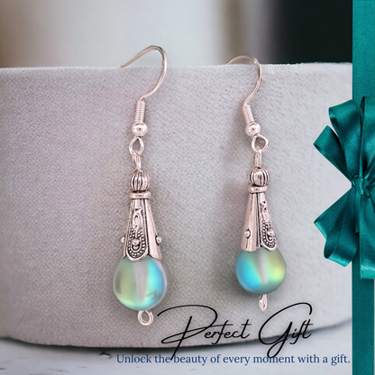 BeSheek Sterling Silver Green Mermaid Glass and Tibetan Cone Dangle Fish Hook Earrings
