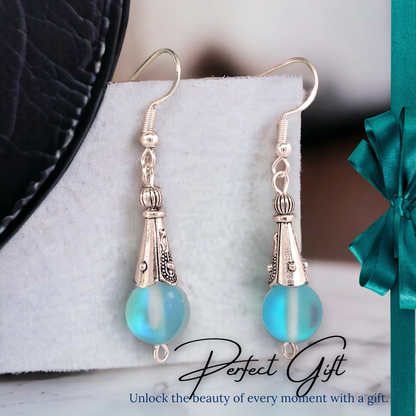 BeSheek Sterling Silver Light Blue Mermaid Glass and Tibetan Cone Dangle Fish Hook Earrings