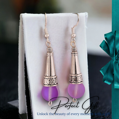 BeSheek Sterling Silver Purple Tibetan Filigree Cone and Mermaid Glass Dangle Earrings