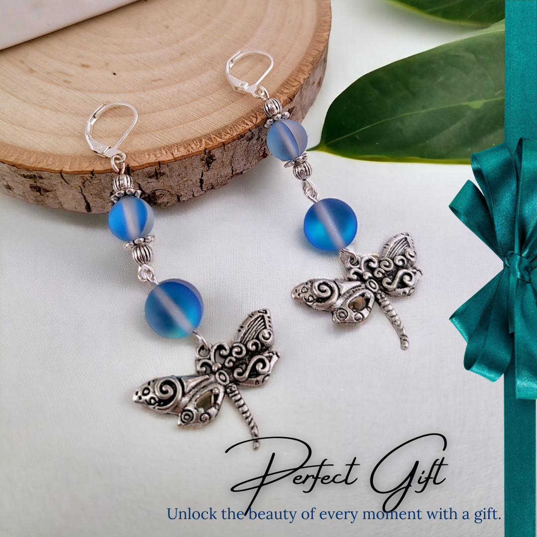 BeSheek Silvertone Mermaid glass and Filigree Dragonfly Dangle Leverback Earrings