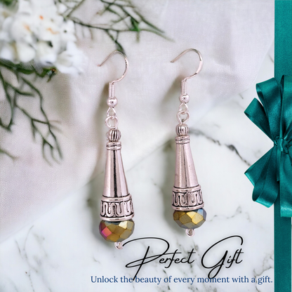 BeSheek Sterling Silver Rainbow Tibetan Filigree Cone and Crystal Glass Dangle Earrings
