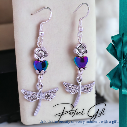 BeSheek Sterling Silver Rainbow Hematite Heart and Rhinestone Dragonfly Leverback Dangle Earrings