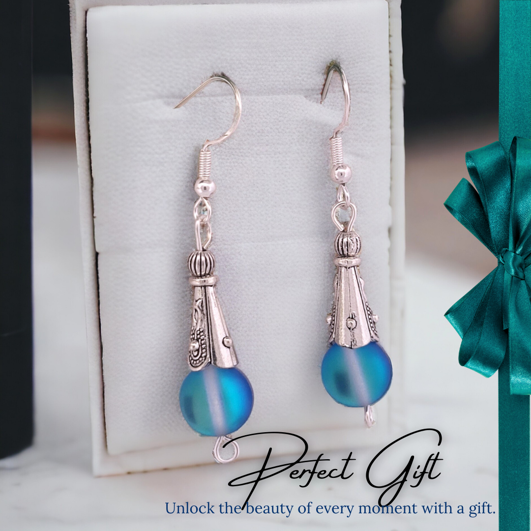 BeSheek Sterling Silver Royal Blue Mermaid Glass and Tibetan Cone Dangle Fish Hook Earrings