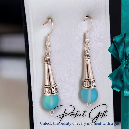 BeSheek Sterling Silver Light Blue Tibetan Filigree Cone and Mermaid Glass Dangle Earrings