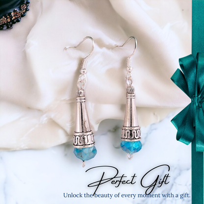 BeSheek Sterling Silver Blue Tibetan Filigree Cone and Crystal Glass Dangle Earrings