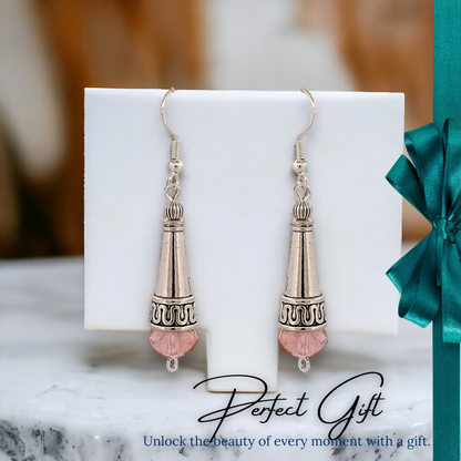 BeSheek Sterling Silver Pink Tibetan Filigree Cone and Crystal Glass Dangle Earrings