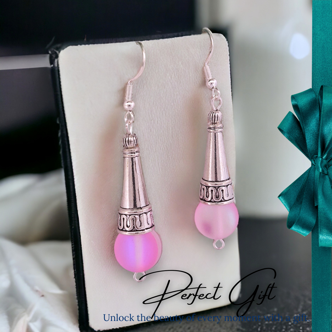 BeSheek Sterling Silver Bright Pink Tibetan Filigree Cone and Mermaid Glass Dangle Earrings