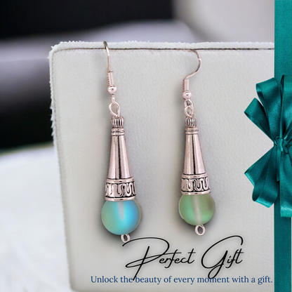 BeSheek Sterling Silver Green Tibetan Filigree Cone and Mermaid Glass Dangle Earrings