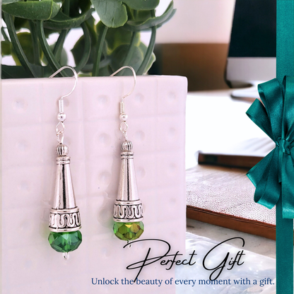 BeSheek Sterling Silver Green Tibetan Filigree Cone and Crystal Glass Dangle Earrings