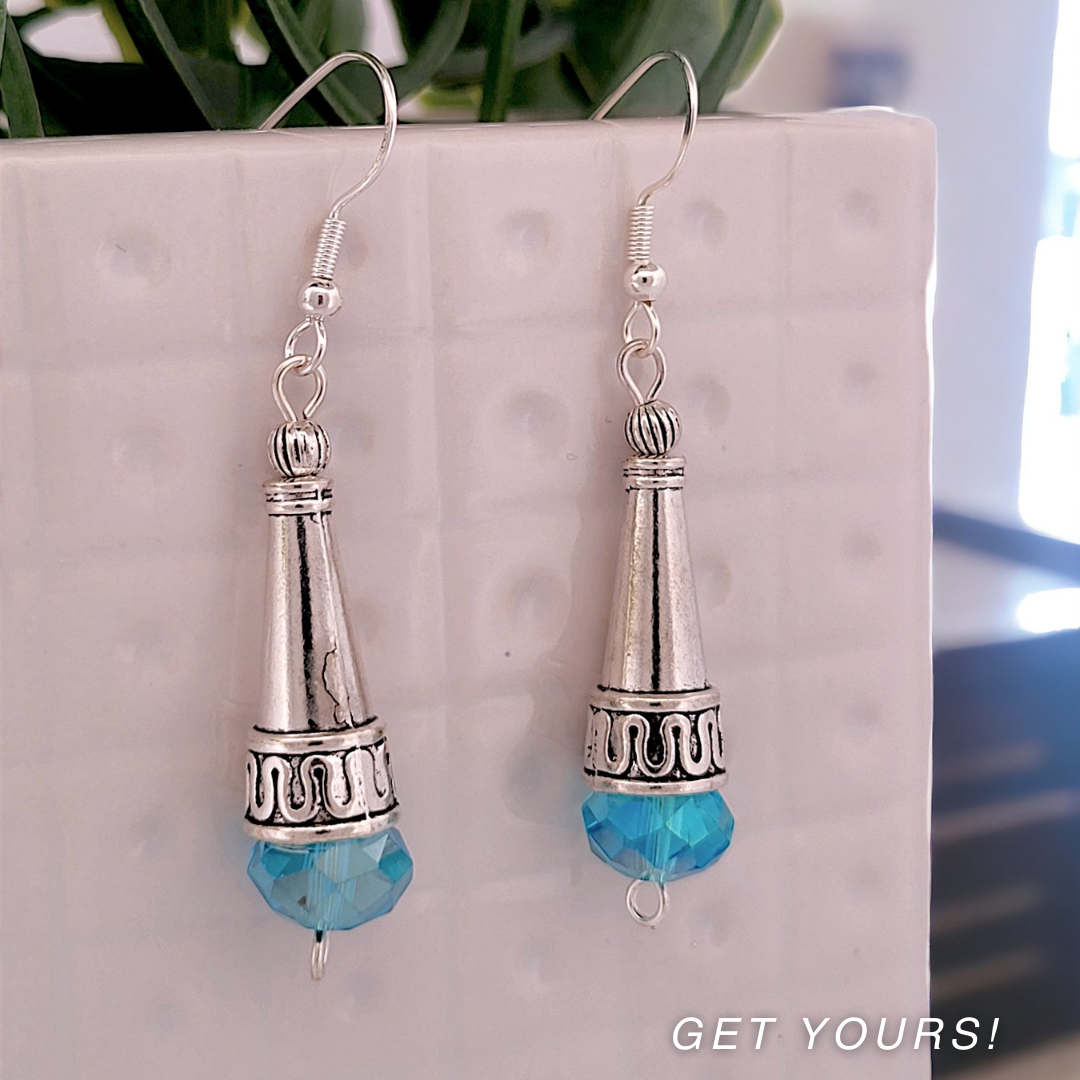 BeSheek Sterling Silver Blue Tibetan Filigree Cone and Crystal Glass Dangle Earrings