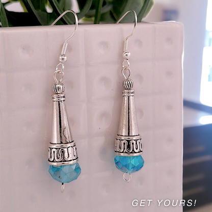 BeSheek Sterling Silver Blue Tibetan Filigree Cone and Crystal Glass Dangle Earrings