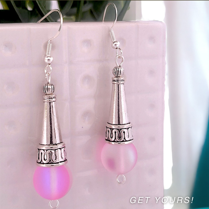 BeSheek Sterling Silver Bright Pink Tibetan Filigree Cone and Mermaid Glass Dangle Earrings