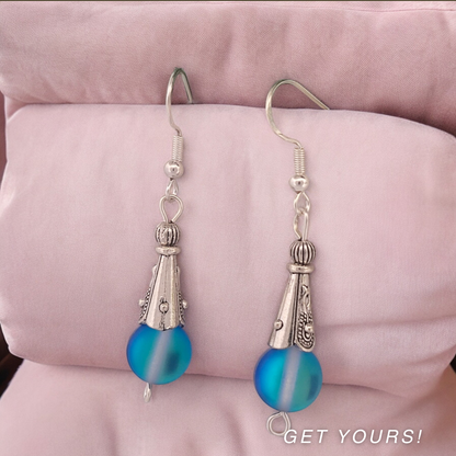 BeSheek Sterling Silver Royal Blue Mermaid Glass and Tibetan Cone Dangle Fish Hook Earrings