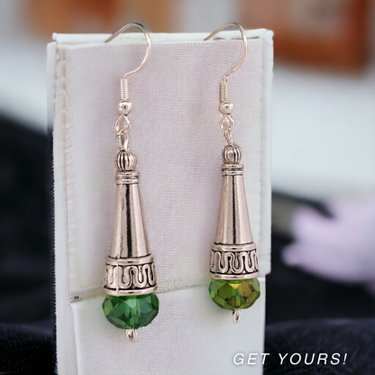 BeSheek Sterling Silver Green Tibetan Filigree Cone and Crystal Glass Dangle Earrings