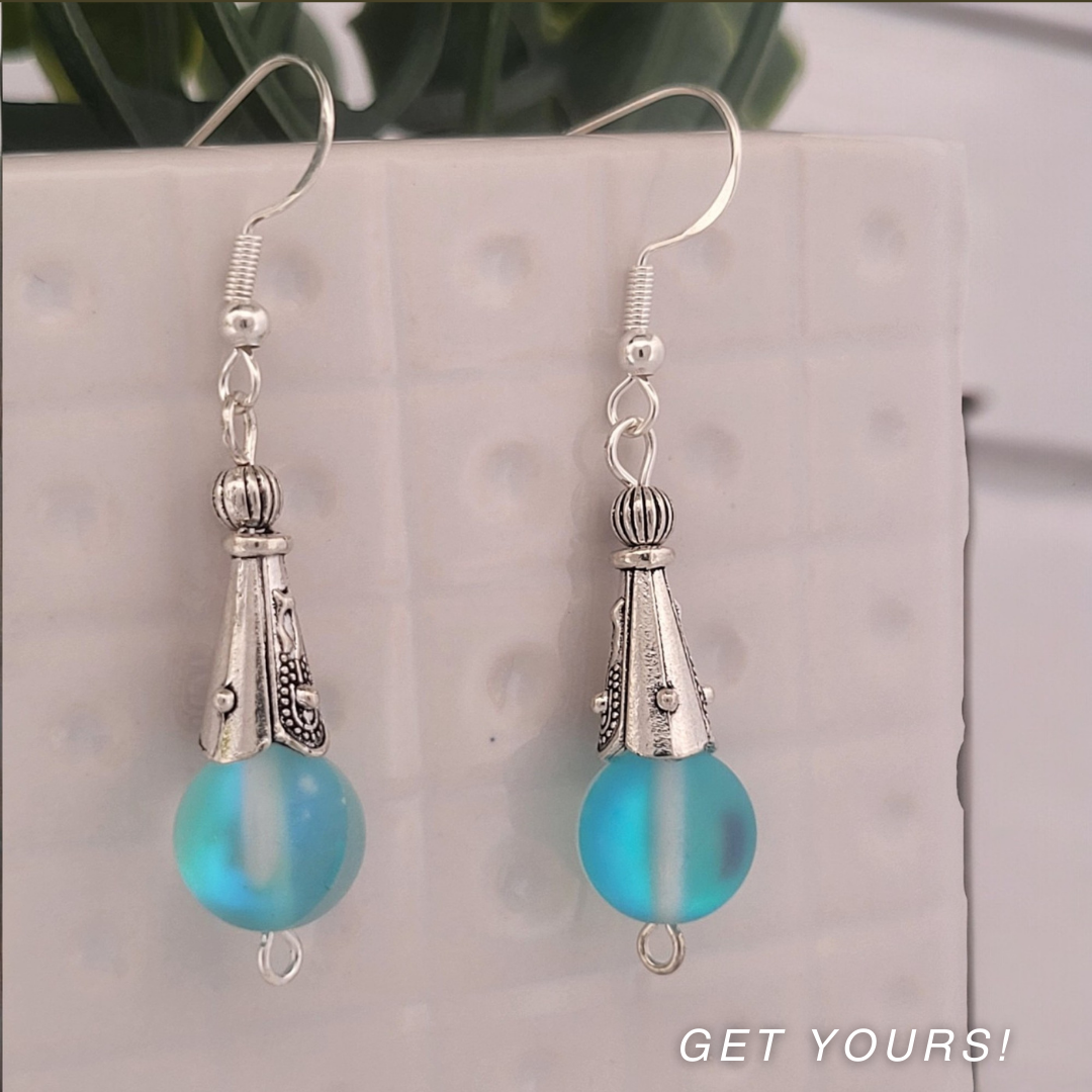 BeSheek Sterling Silver Light Blue Mermaid Glass and Tibetan Cone Dangle Fish Hook Earrings