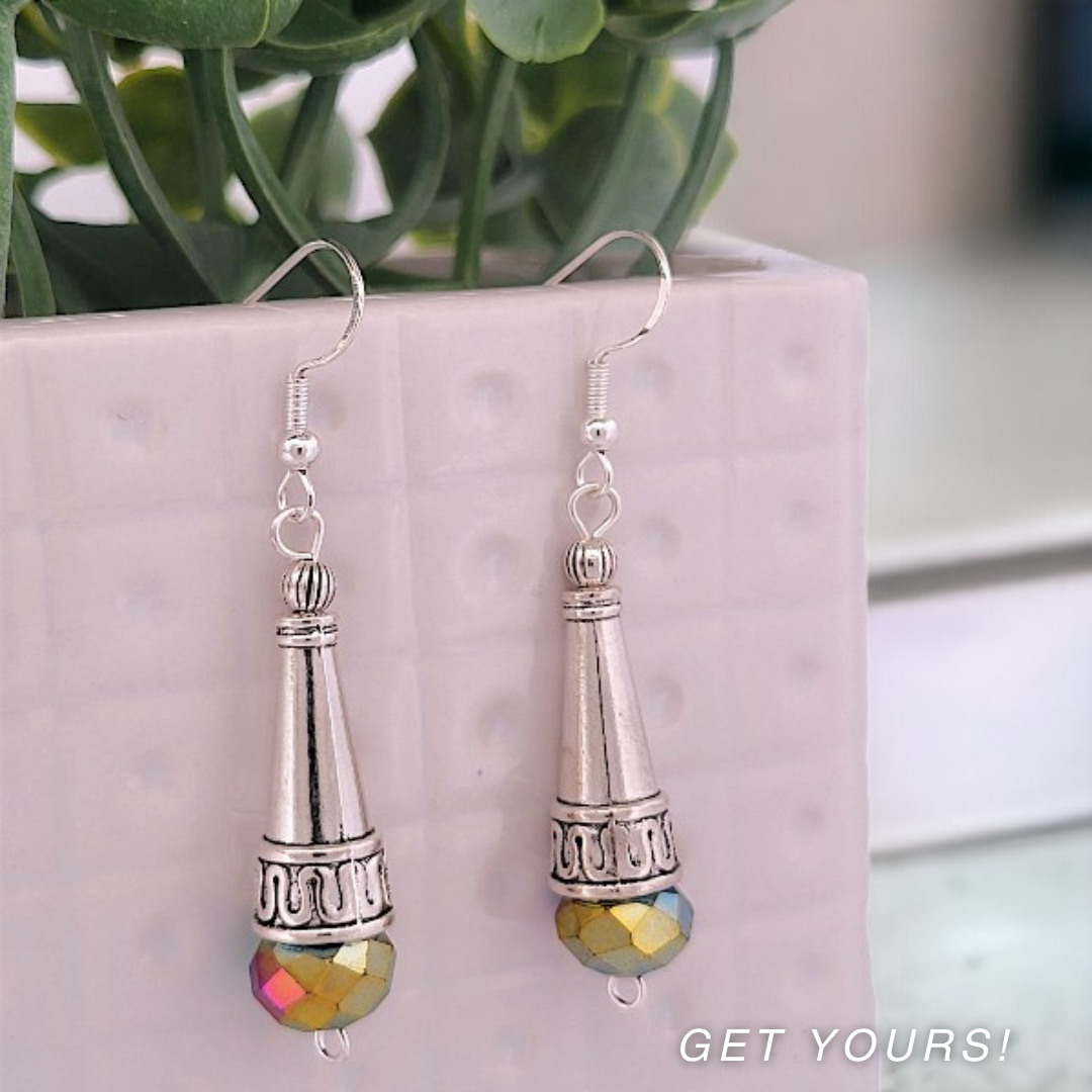 BeSheek Sterling Silver Rainbow Tibetan Filigree Cone and Crystal Glass Dangle Earrings