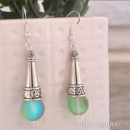 BeSheek Sterling Silver Green Tibetan Filigree Cone and Mermaid Glass Dangle Earrings