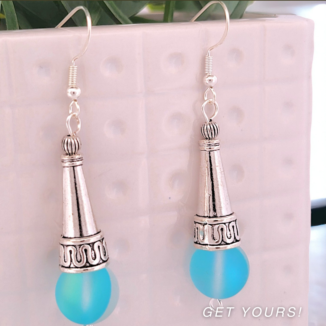 BeSheek Sterling Silver Light Blue Tibetan Filigree Cone and Mermaid Glass Dangle Earrings