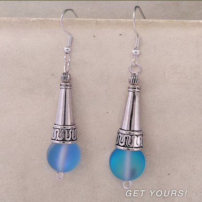 BeSheek Sterling Silver Royal Blue Tibetan Filigree Cone and Mermaid Glass Dangle Earrings