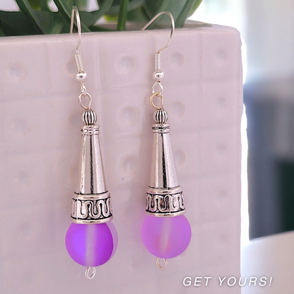BeSheek Sterling Silver Purple Tibetan Filigree Cone and Mermaid Glass Dangle Earrings