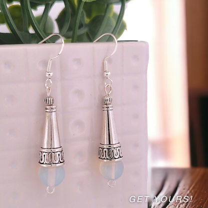 BeSheek Sterling Silver Tibetan Filigree Cone and Moonstone Dangle Earrings