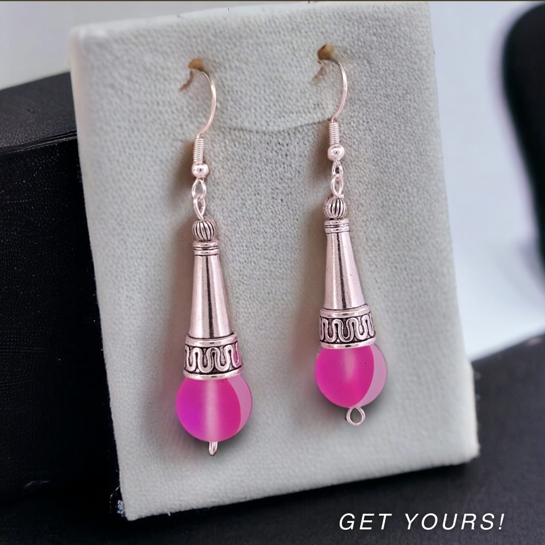 BeSheek Sterling Silver Fucsia Pink Tibetan Filigree Cone and Mermaid Glass Dangle Earrings