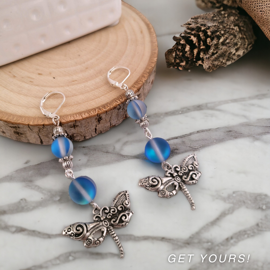 BeSheek Silvertone Mermaid glass and Filigree Dragonfly Dangle Leverback Earrings