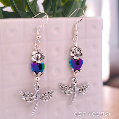 BeSheek Sterling Silver Rainbow Hematite Heart and Rhinestone Dragonfly Leverback Dangle Earrings