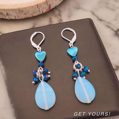 BeSheek Silvertone Mermaid glass, Moonstone and Blue Heart Hematite Leverback dangle Earrings
