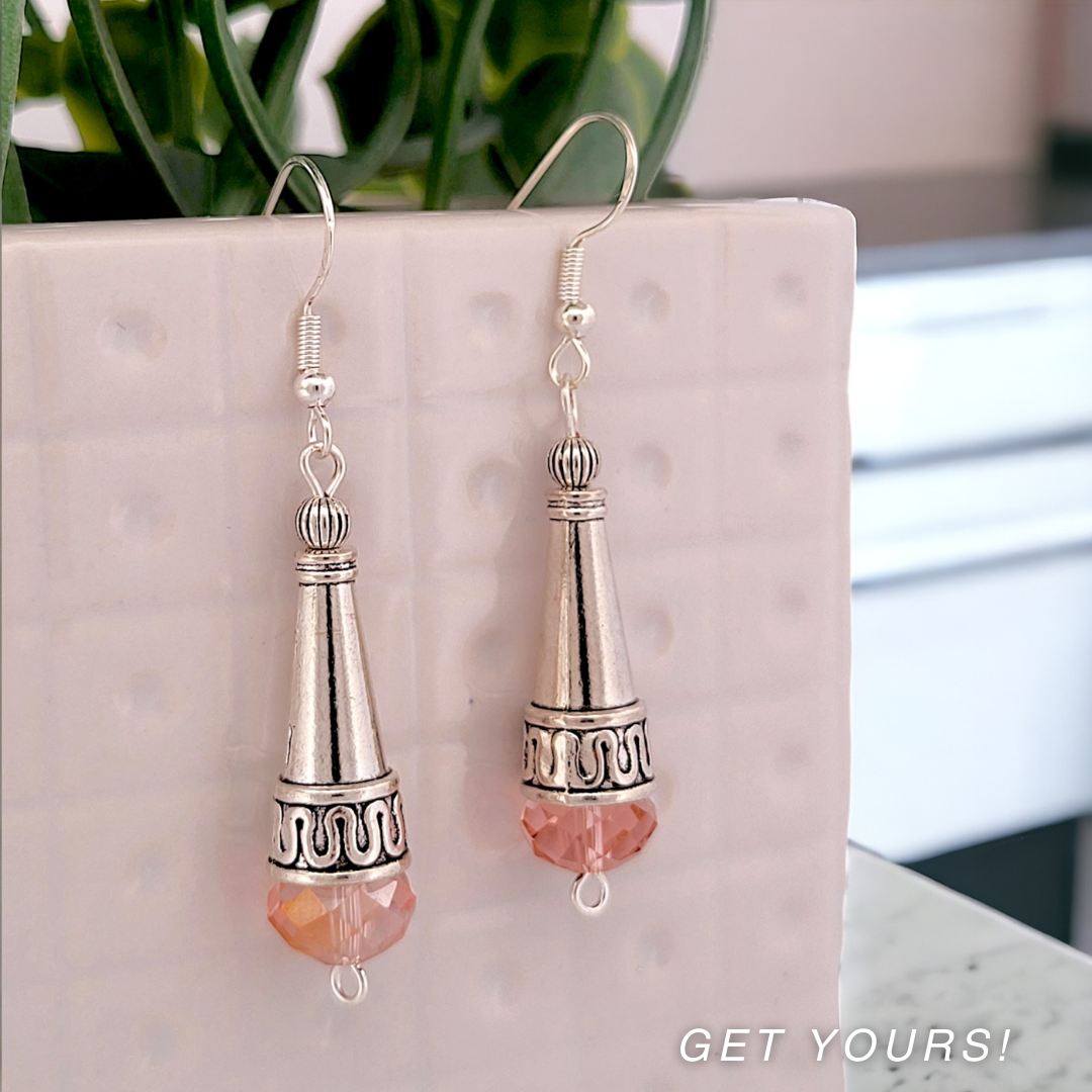BeSheek Sterling Silver Pink Tibetan Filigree Cone and Crystal Glass Dangle Earrings