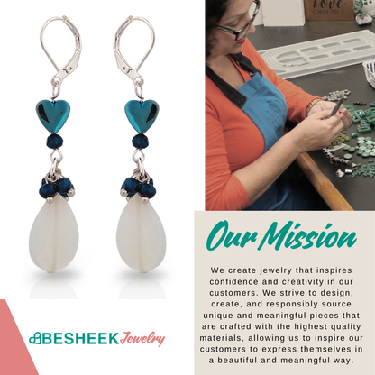 BeSheek Silvertone Mermaid glass, Moonstone and Blue Heart Hematite Leverback dangle Earrings