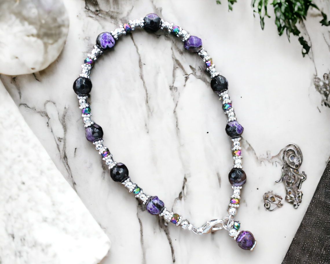 BESHEEK Purple and Black Calsilica Faceted Stone Artisan Beaded Anklet with Extension | Handmade Hypoallergenic Beach Gala Wedding Style Jewelry
