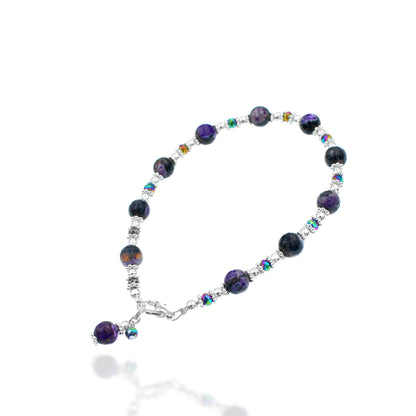 BESHEEK Purple and Black Calsilica Faceted Stone Artisan Beaded Anklet with Extension | Handmade Hypoallergenic Beach Gala Wedding Style Jewelry