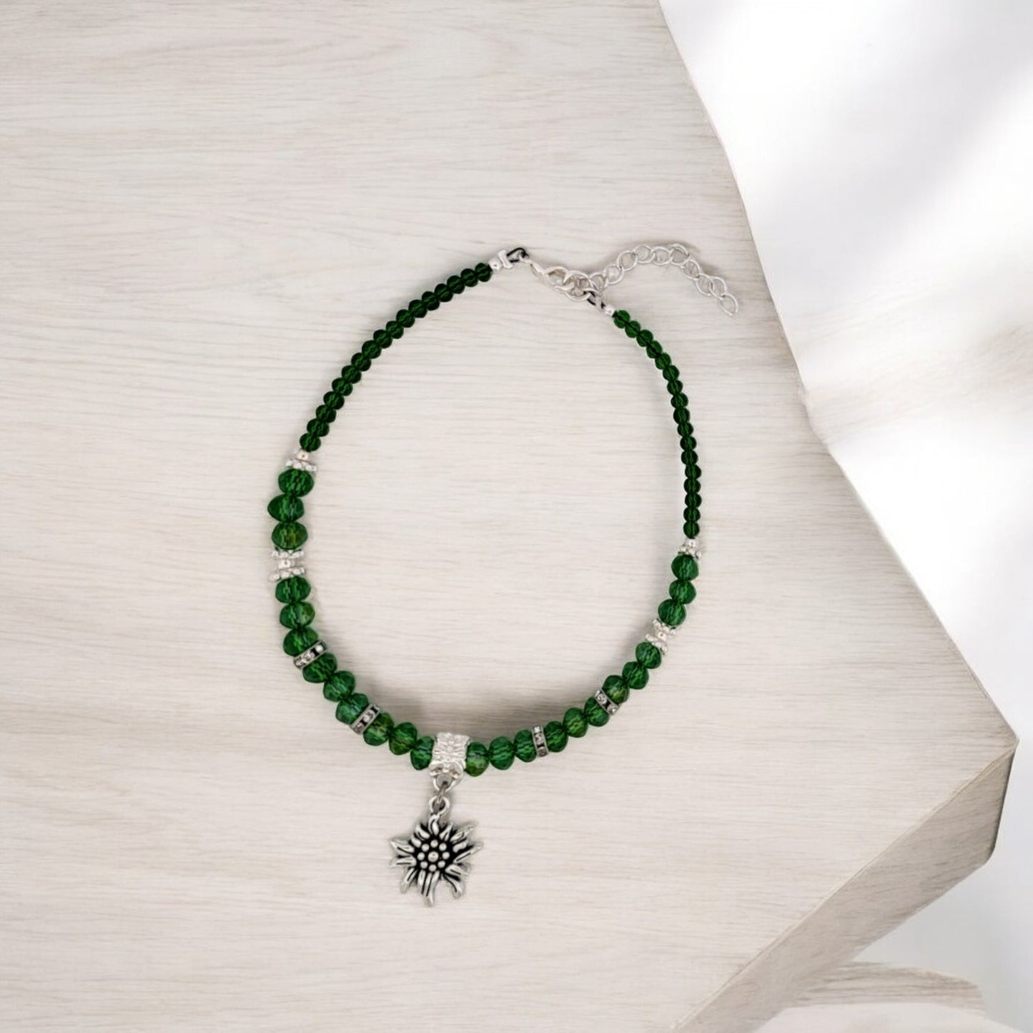 BESHEEK Flower LUSTER GREEN Hue Faceted Crystal Glass Artisan Beaded Anklet with Extension | Handmade Hypoallergenic Beach Gala Wedding Style Jewelry