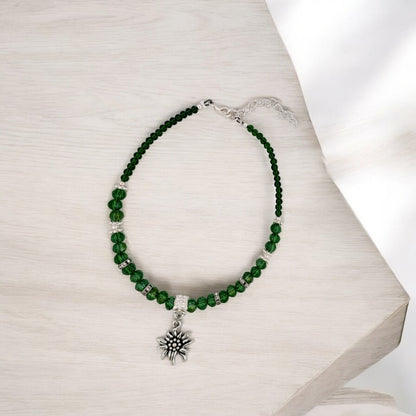 BESHEEK Flower LUSTER GREEN Hue Faceted Crystal Glass Artisan Beaded Anklet with Extension | Handmade Hypoallergenic Beach Gala Wedding Style Jewelry