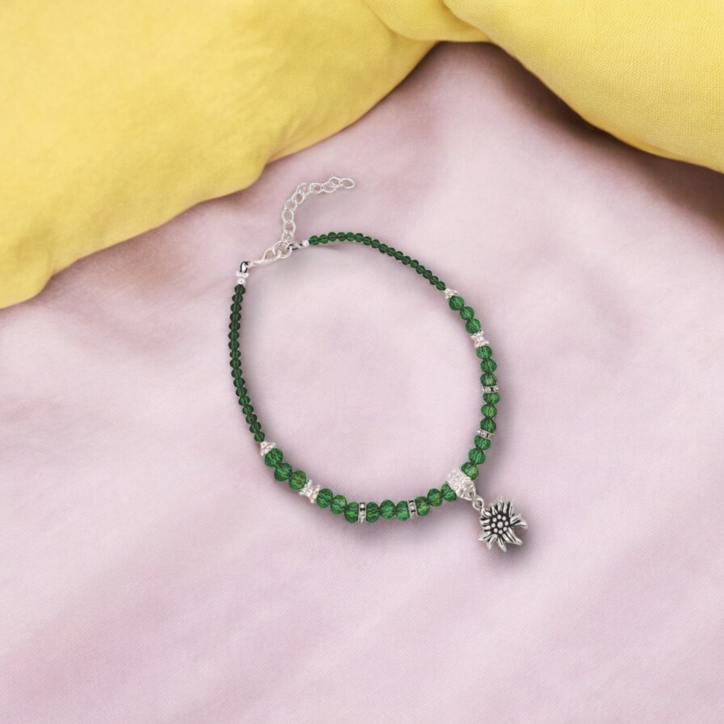 BESHEEK Flower LUSTER GREEN Hue Faceted Crystal Glass Artisan Beaded Anklet with Extension | Handmade Hypoallergenic Beach Gala Wedding Style Jewelry