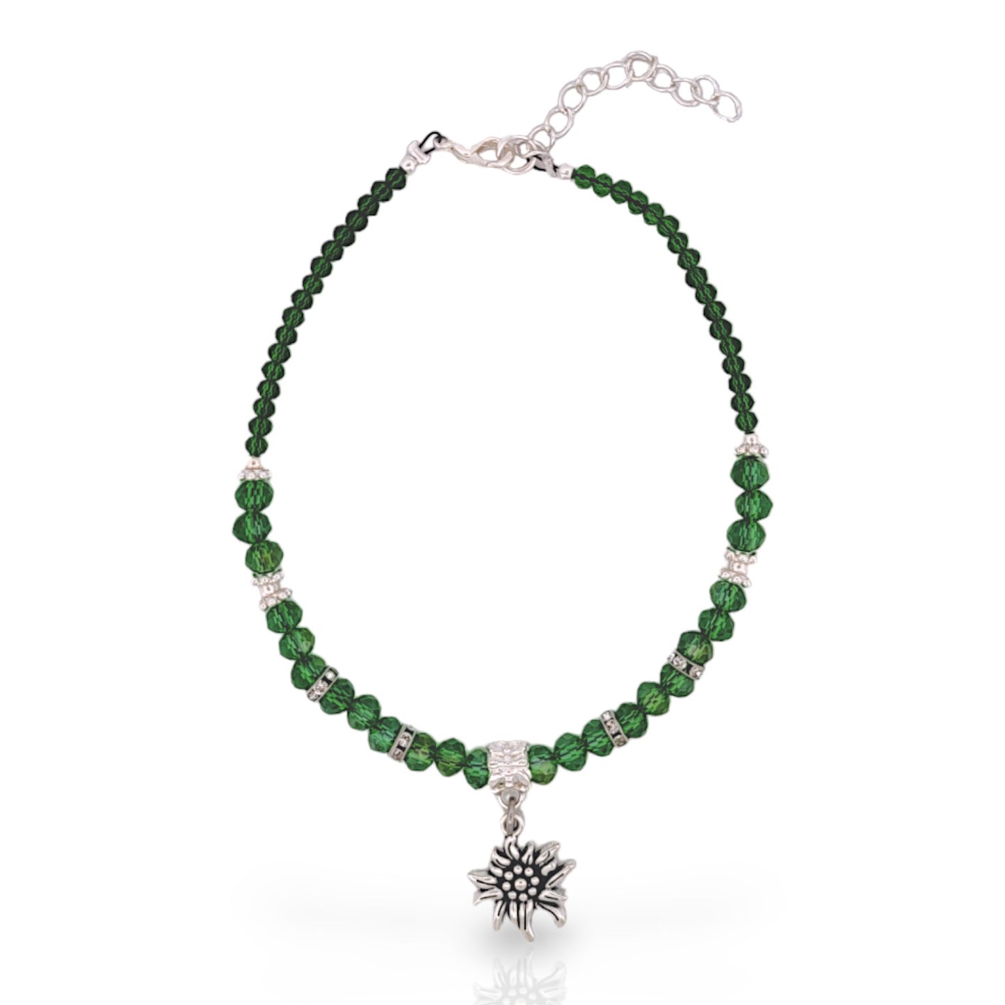 BESHEEK Flower LUSTER GREEN Hue Faceted Crystal Glass Artisan Beaded Anklet with Extension | Handmade Hypoallergenic Beach Gala Wedding Style Jewelry