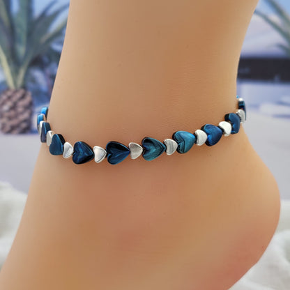BESHEEK Heart LUSTER BLUE Hematite Stone Artisan Beaded Anklet with Extension | Handmade Hypoallergenic Beach Gala Wedding Style Jewelry