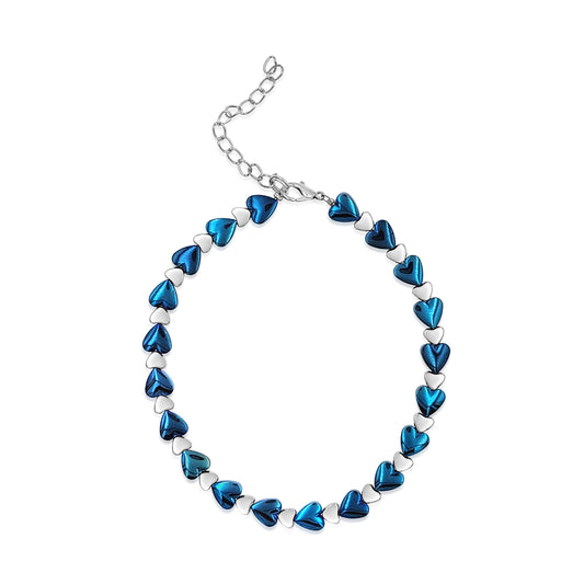 BESHEEK Heart LUSTER BLUE Hematite Stone Artisan Beaded Anklet with Extension | Handmade Hypoallergenic Beach Gala Wedding Style Jewelry